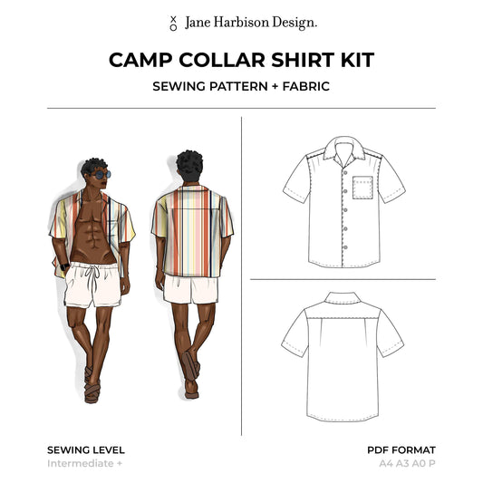 Mens Camp Collar Shirt Sewing Kit including Sewing Pattern, Fabric Cotton Poplin in Cool Retro Barcode Stripe and Video Tutorials Sizes Youth to 7XL