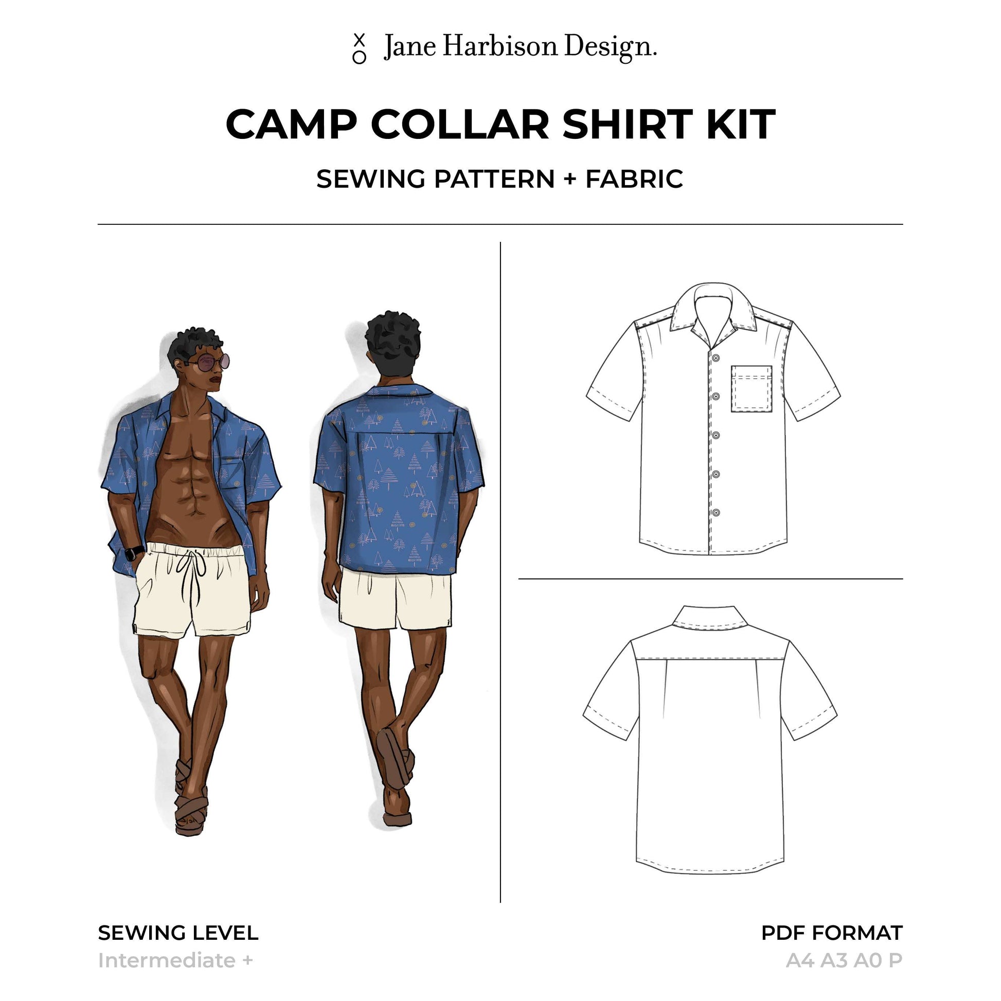 Men's Camp Collar Shirt Sewing Kit - Downloadable Pattern, Step by step Video Tutorials,  100% Cotton Fabric in a fun and fresh Christmas Tree design in Blue and Pink