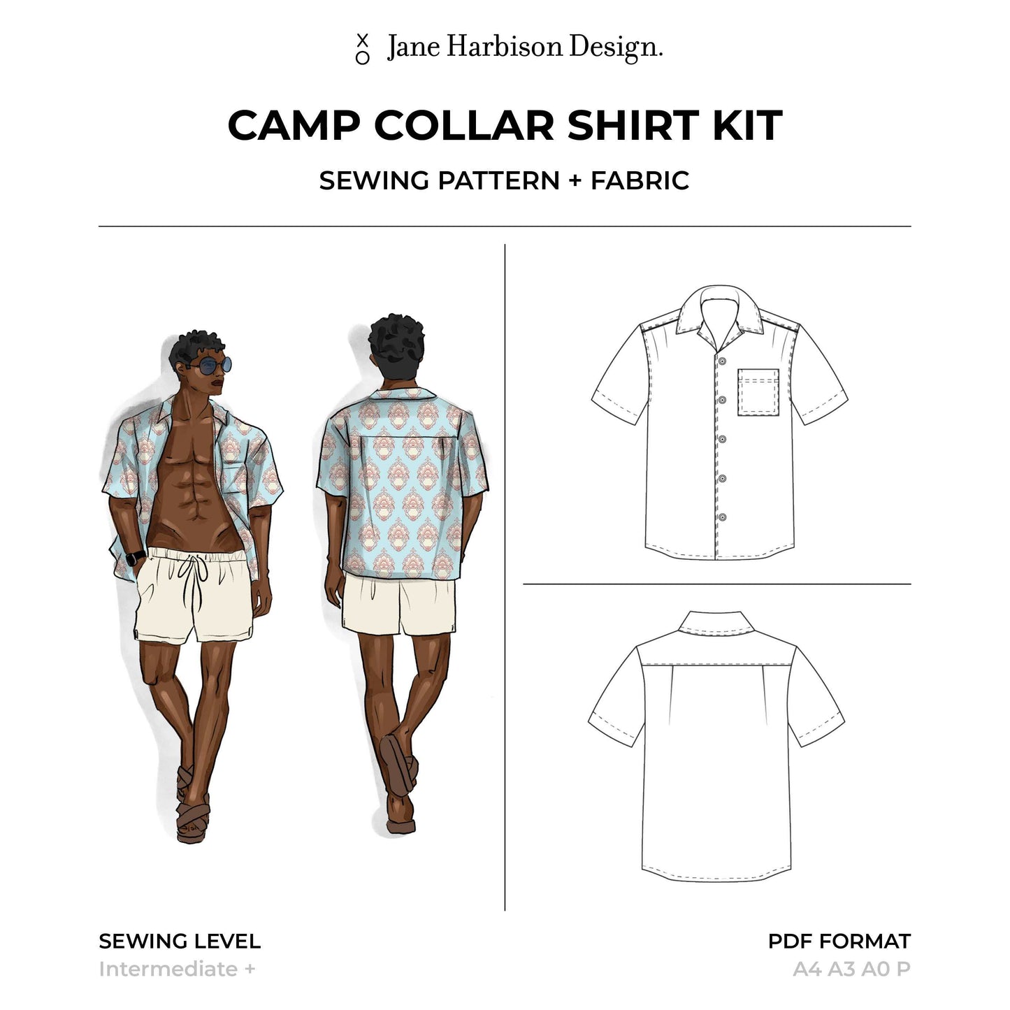 Men's Camp Collar Shirt Sewing Pattern Kit in Damask Blue Size Boy to Men Plus, Perfect BBQ, Beach or Party shirt
