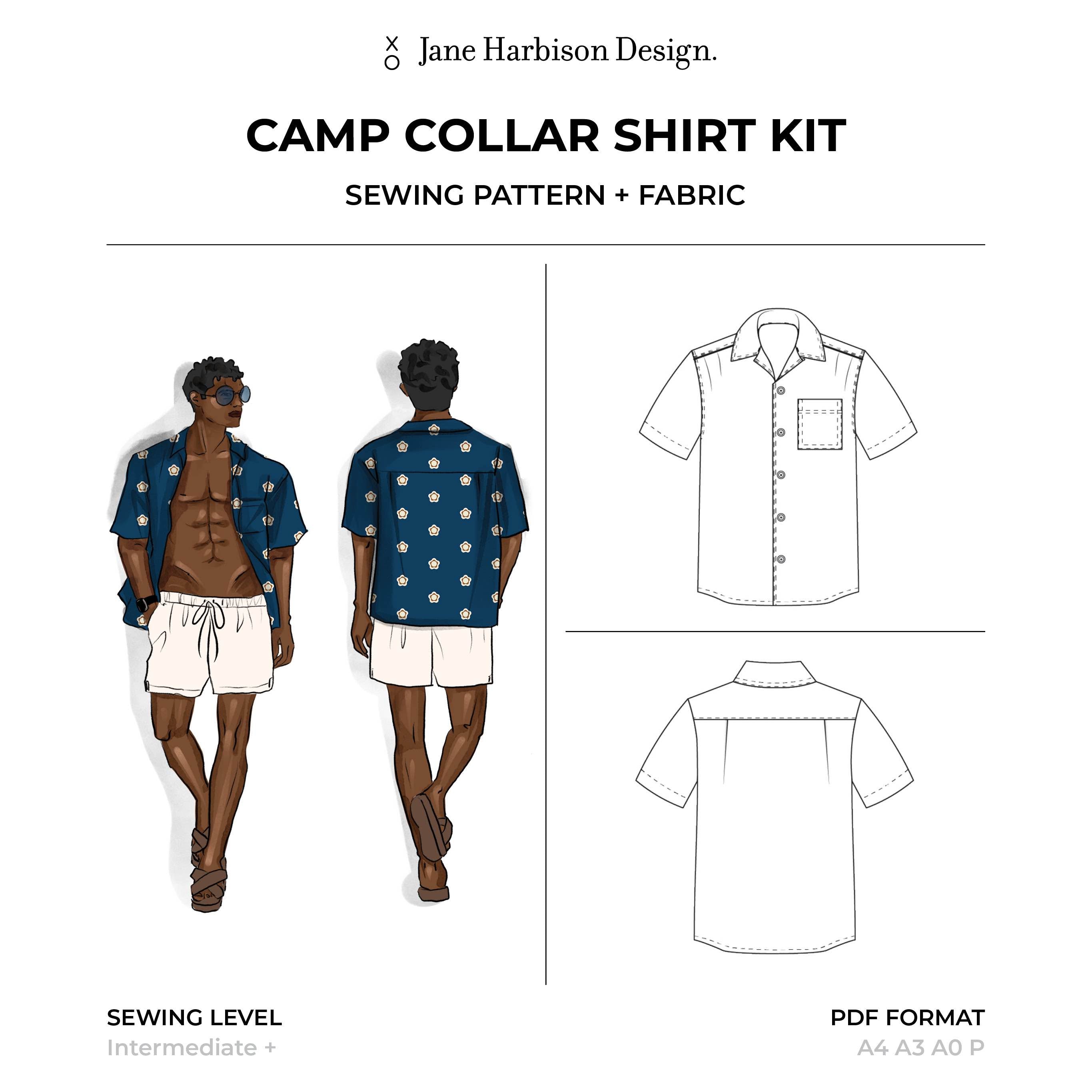 Men's Camp Collar Shirt Sewing Kit PDF Pattern + Cotton Fabric + How