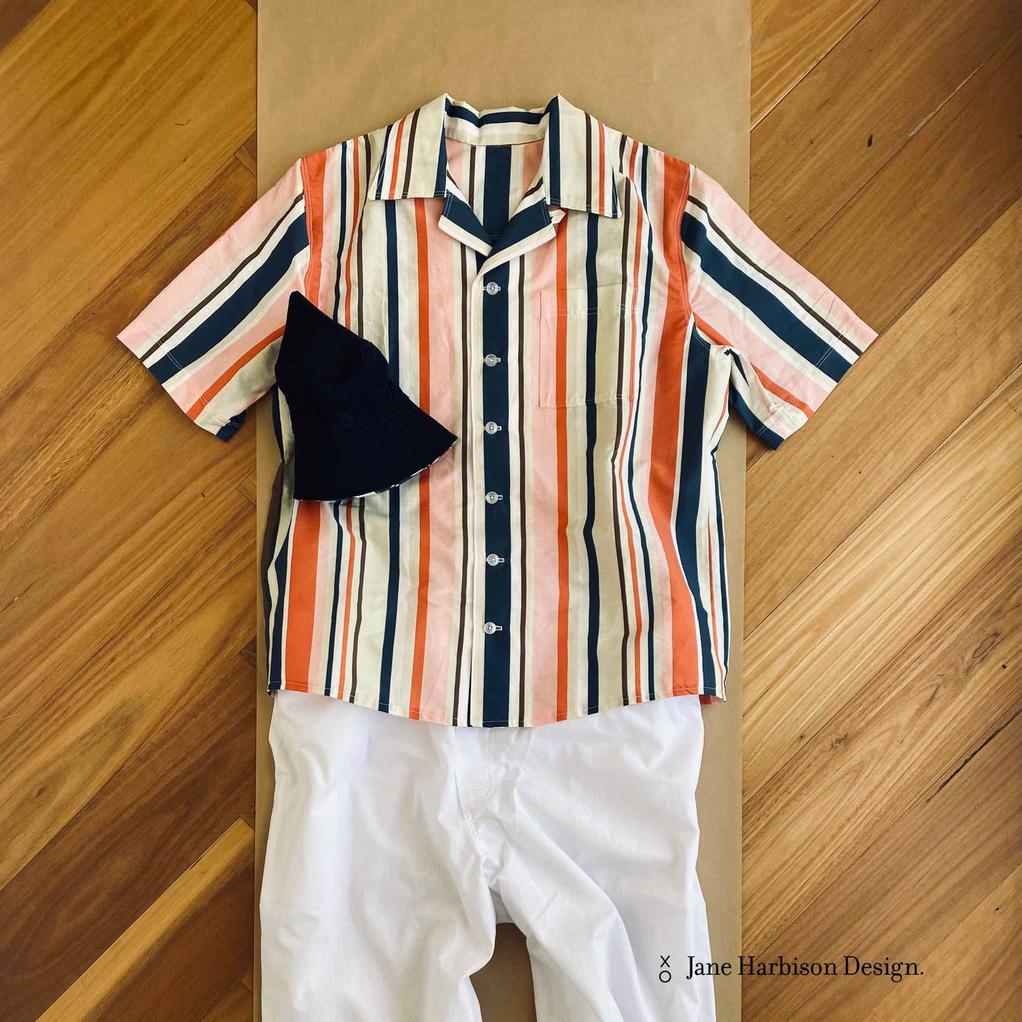 Men Camp Collar Shirt Sewing Kit including Sewing Pattern, Fabric Bayadere Stripe Pink Blue Orange Sizes Youth to 7XL