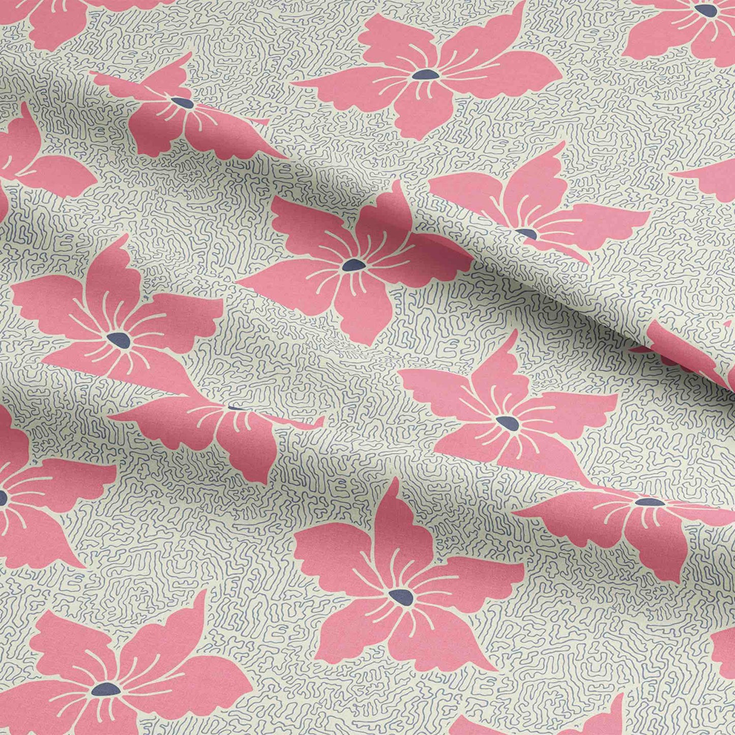 100% Cotton fabric with ink and blue hand drawn hibiscus flower for sewing