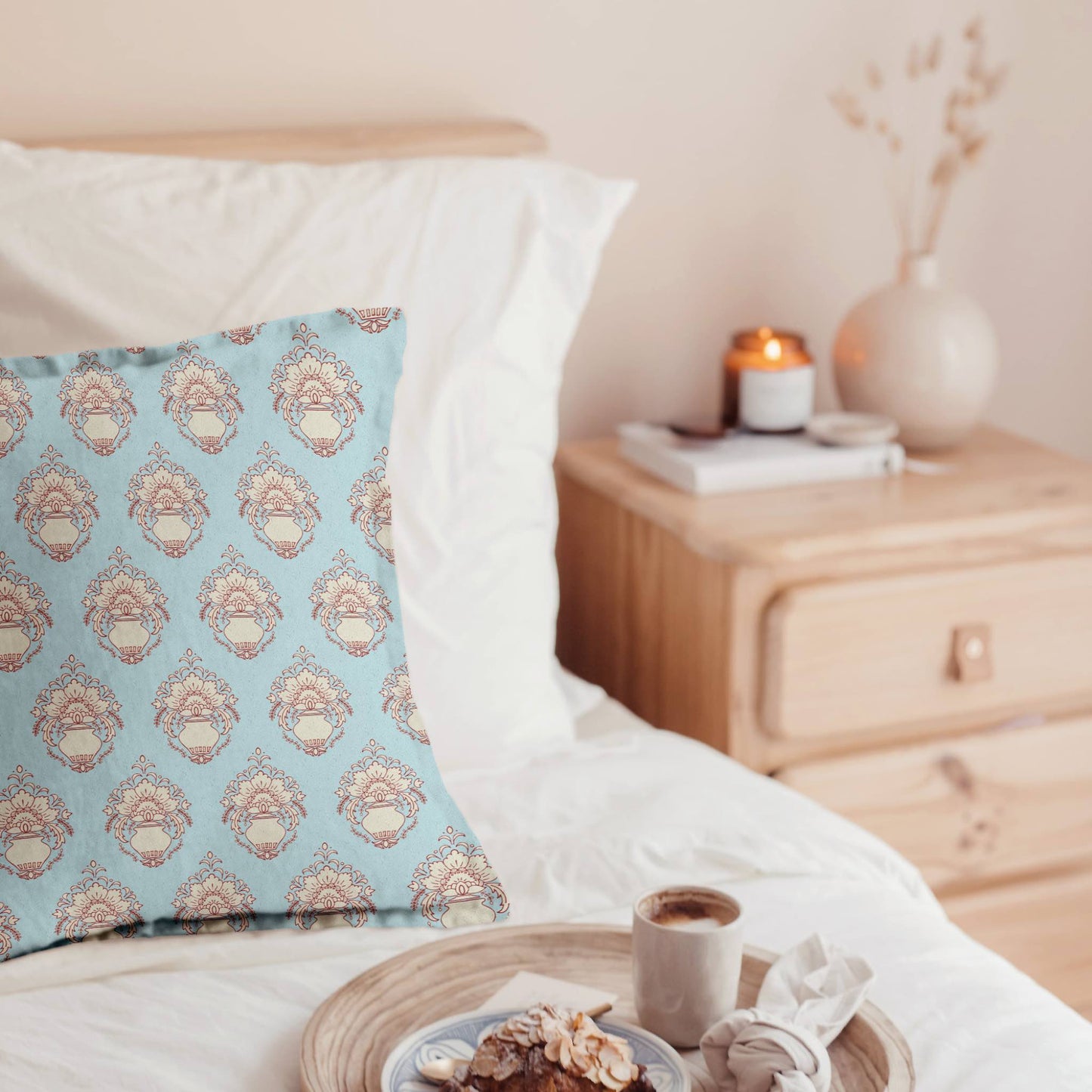 DIY Linen Cotton Cushion for Men Housewarming Gift In Damask Blue Red and Cream