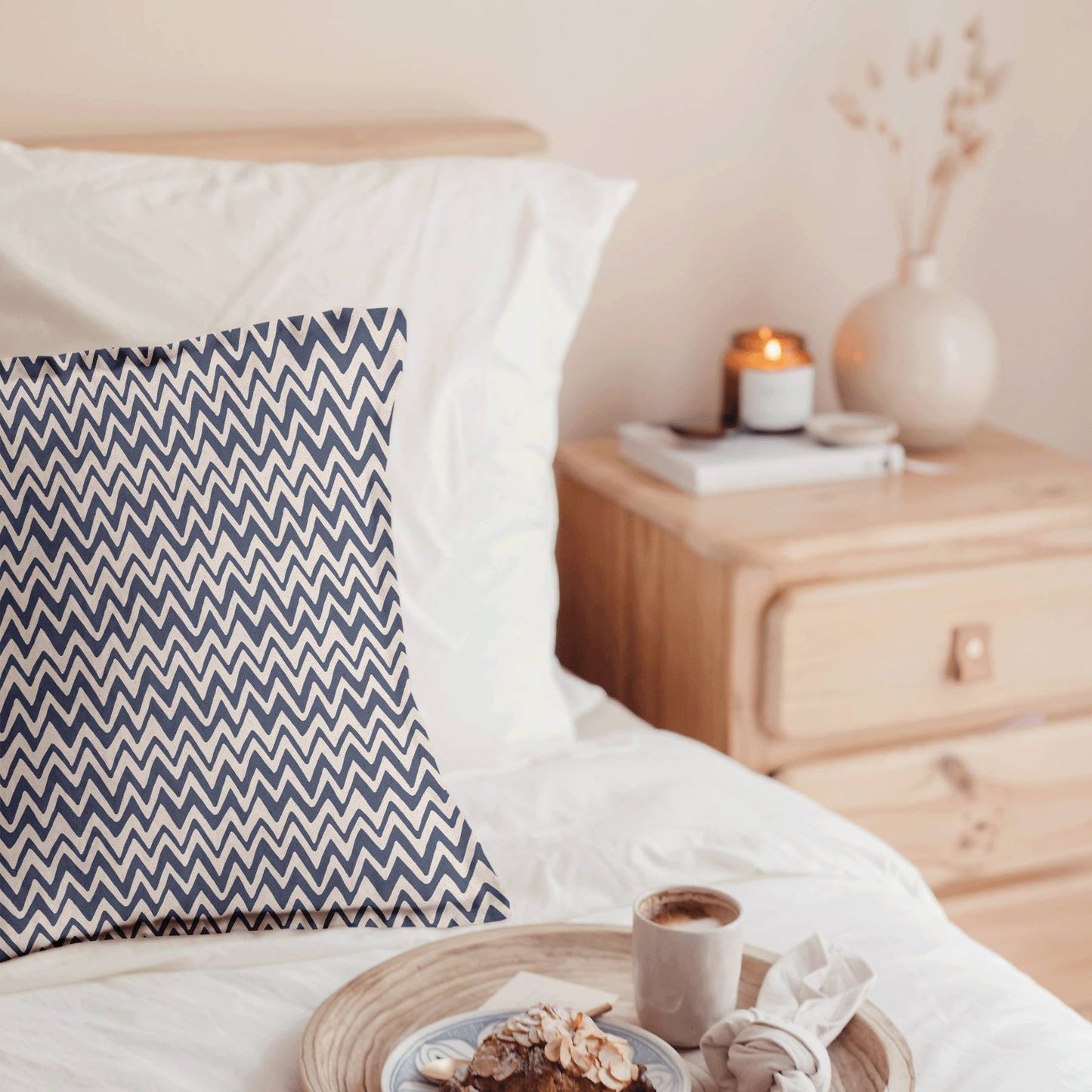 DIY Fabric Linen Cushion For Men's Housewarming Gift in Zig Zag Blue design