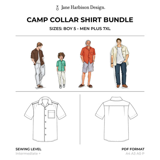 Men's Camp Collar Shirt Sewing Pattern Sizes Boy 5 - Men Plus 7XL