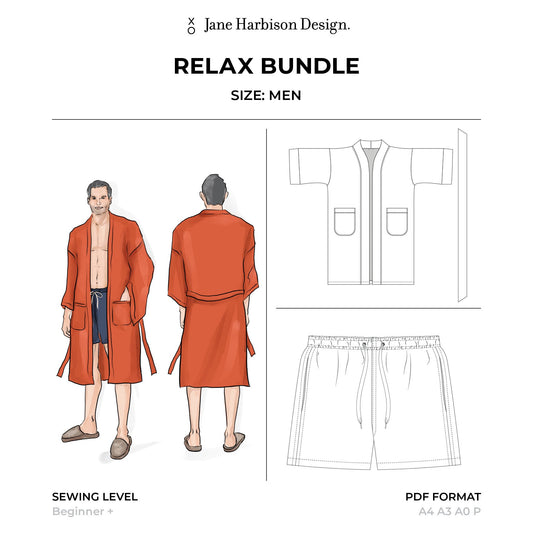 Men's Sewing Pattern Bundle perfect for Relaxing, includes Dressing Gown and Boxer Shorts Size Men Medium