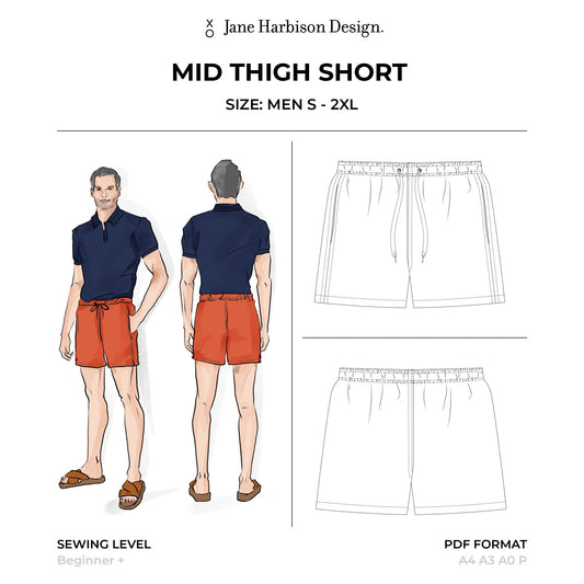 Sewing Pattern PDF Mens Mid Thigh Short, Boxer short or swimmers S-2XL
