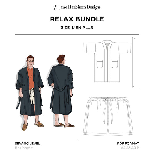 Sewing Pattern PDF Men's Plus shorts and dressing gown bundle, perfect gift for relaxing
