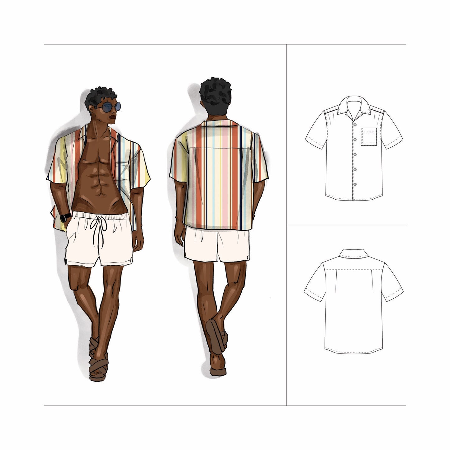 Mens Camp Collar Shirt Sewing Kit including Sewing Pattern, Fabric Cotton Poplin in Cool Retro Barcode Stripe great party shirt Sizes Youth to 7XL