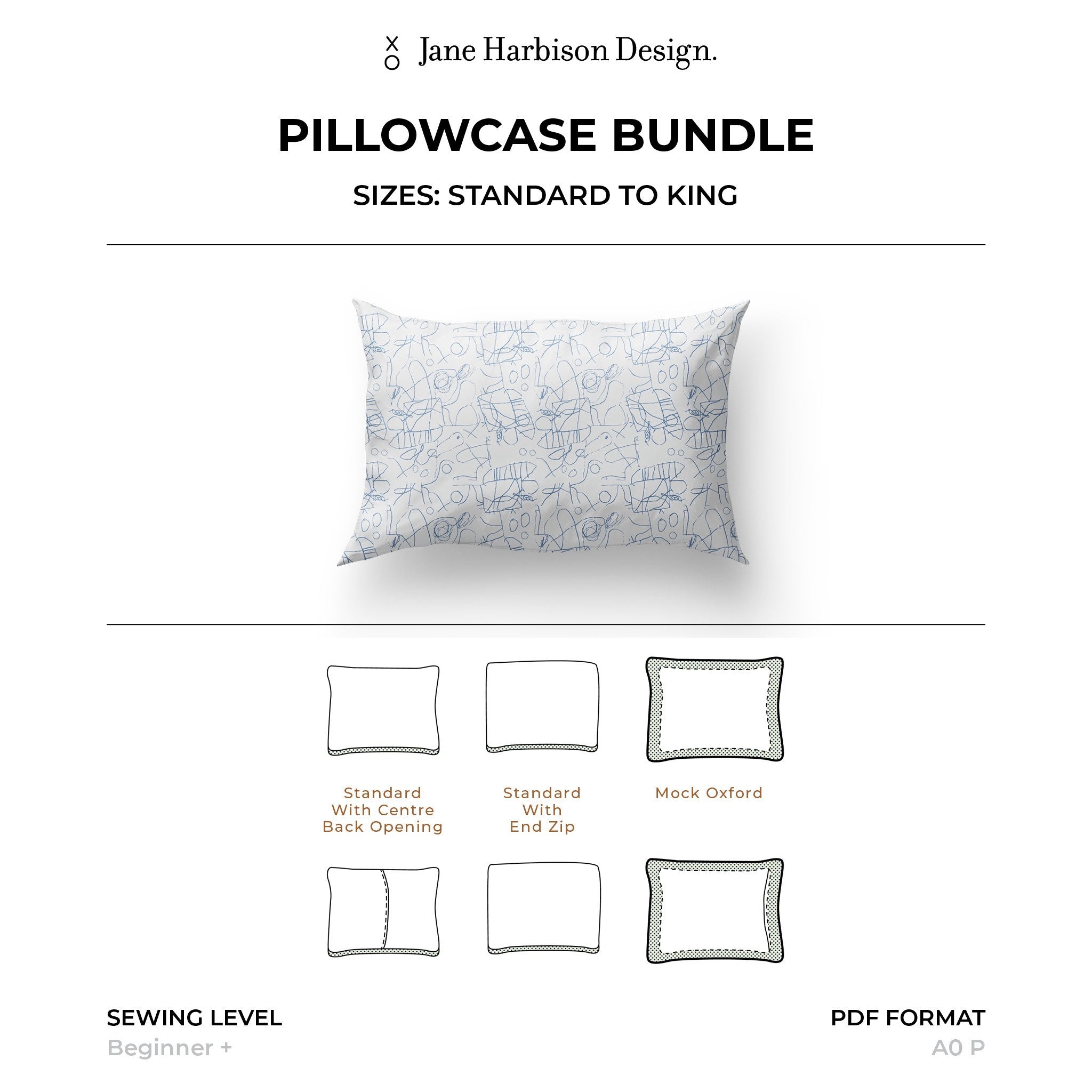 No More Pillows Popping Out The End Pillowcase PDF Sewing Pattern 3 Styles in 4 Sizes Jane