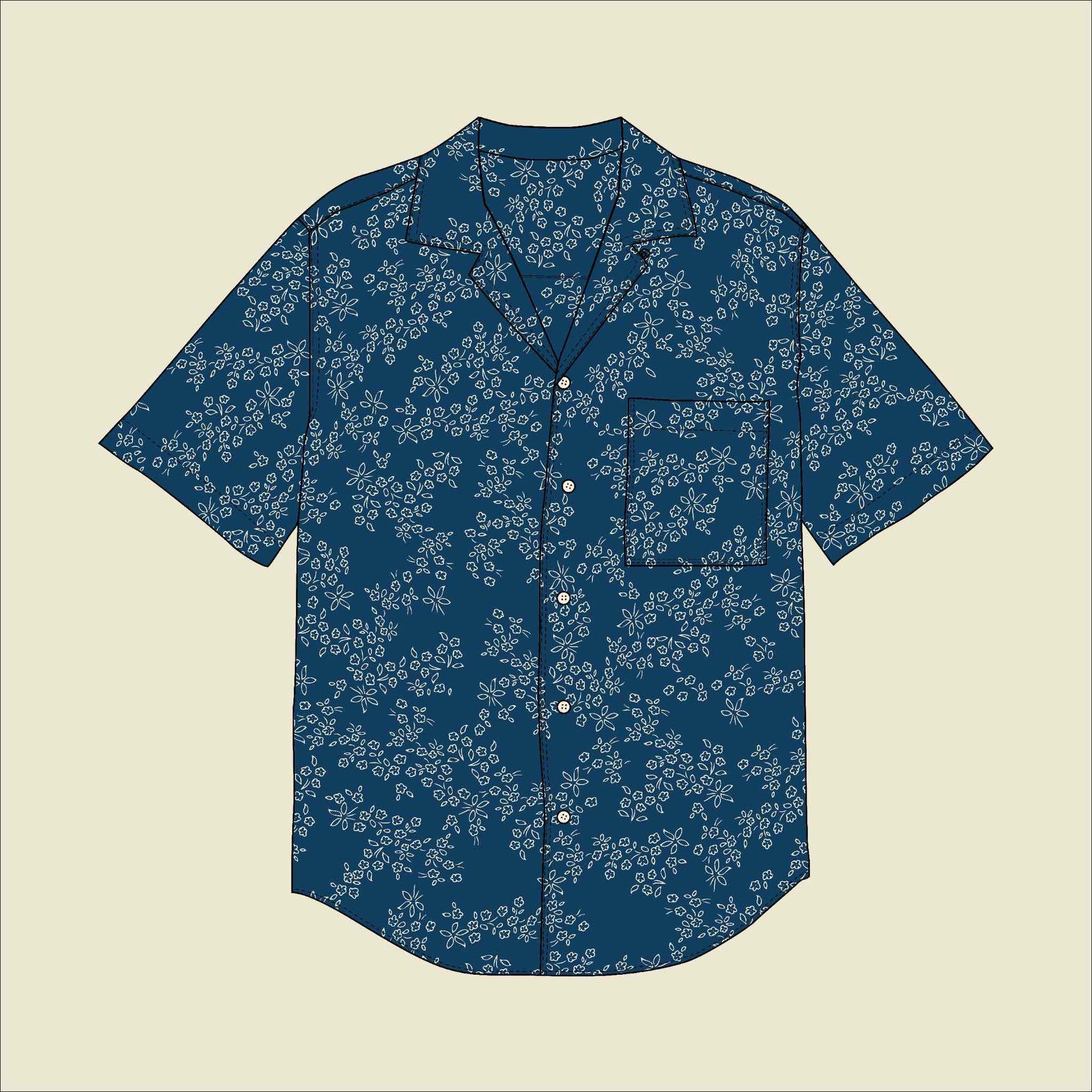 Men's Camp Collar Shirt Sewing Kit - Downloadable Pattern, Cotton Fabric, Tutorials in Ditsy Floral Blue Design Sizes Youth to Men's Plus 7XL