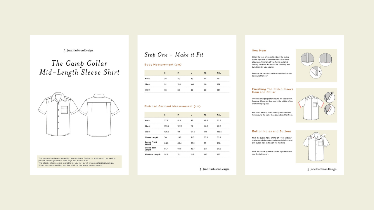 Men's Camp Collar Shirt PDF Sewing Pattern Instructions Downloadable A0 A3 A4 and projector format