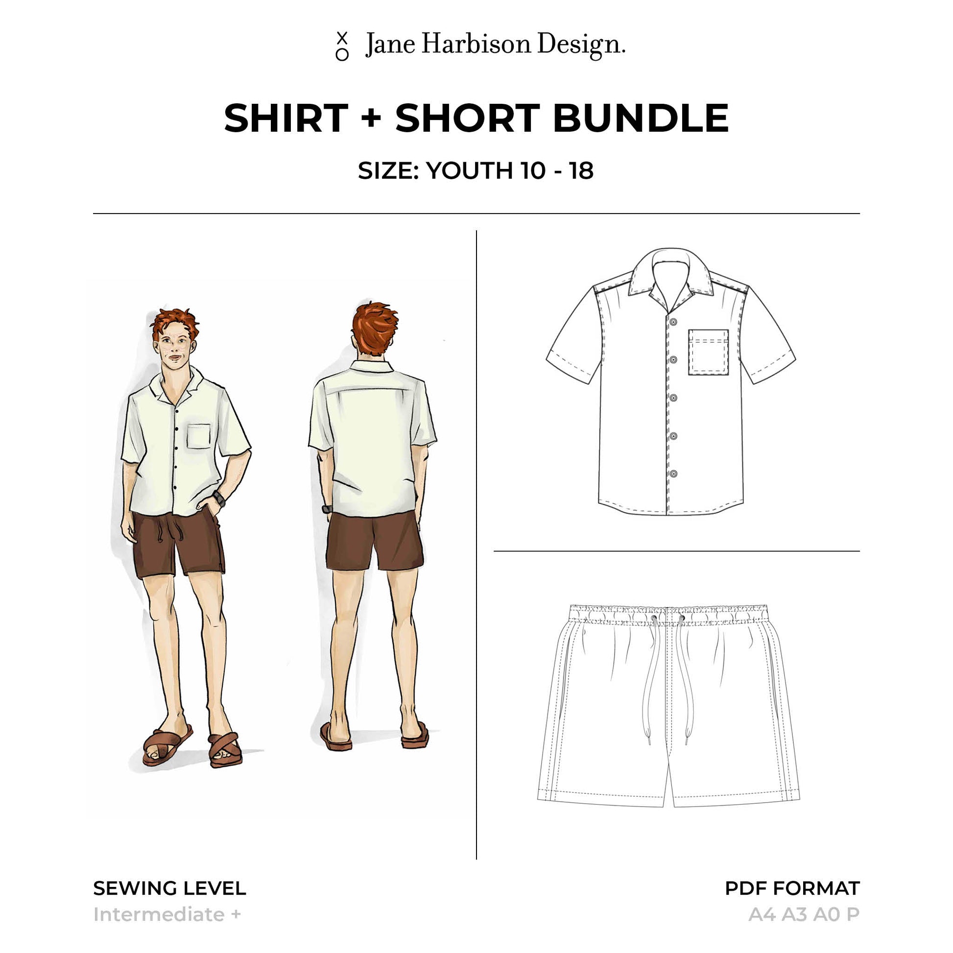 Teenage Boy Camp Collar Shirt and Mid Thigh Lounge short with elastic waist sewing pattern: Size Youth 10-18