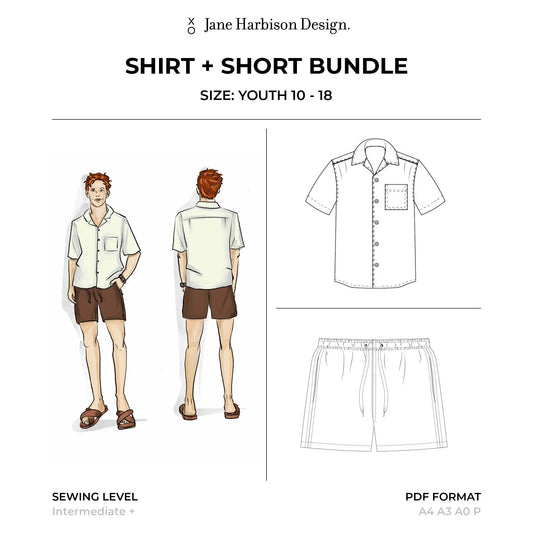 Teenage Boy Camp Collar Shirt and Mid Thigh Lounge short with elastic waist sewing pattern: Size Youth 10-18