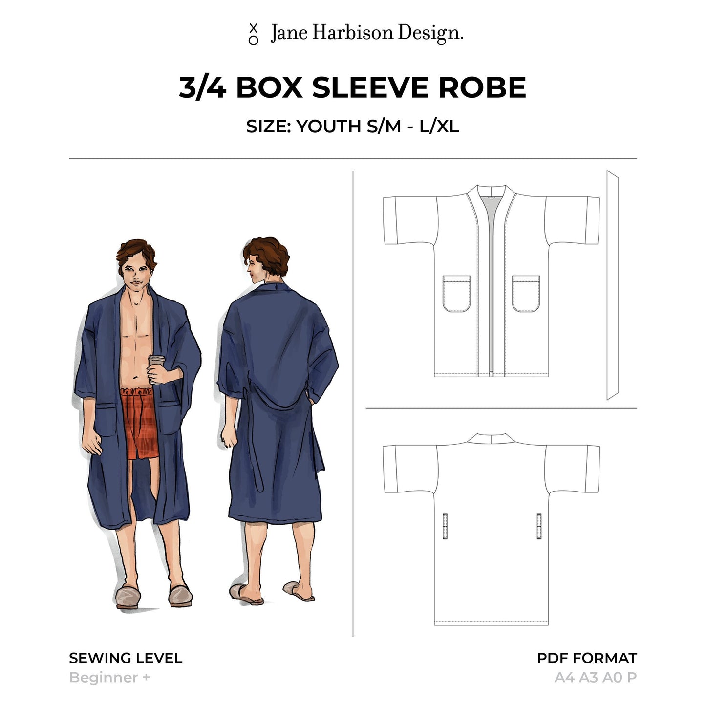 Sewing Pattern PDF: Men Box Sleeve Dressing Gown Robe is a unique gift, Size Teen Youth 10-18