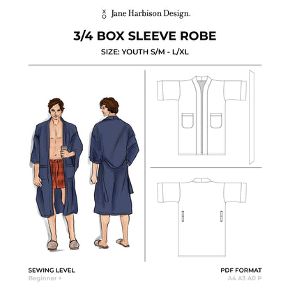 Sewing Pattern PDF: Men Box Sleeve Dressing Gown Robe is a unique gift, Size Teen Youth 10-18