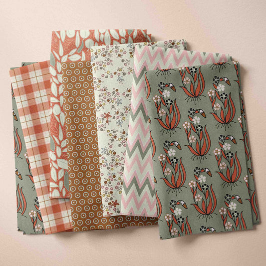 DIY Housewarming gift for men with unique Cotton Poplin Fabric Bundle in Autumn colours orange, green, pink and ecru
