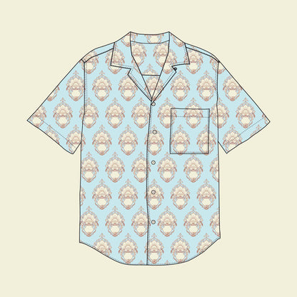 DIY Personalised Gift For Men: Camp Collar Shirt Kit made in Cotton Poplin Fabric in modern Damask Vase Blue design for boys and men