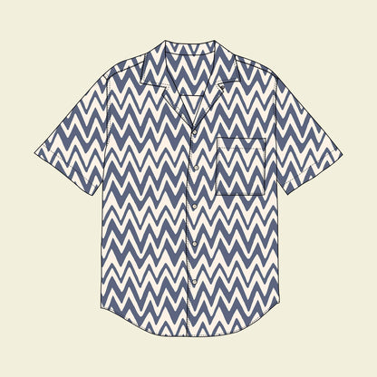DIY Gift For Men: Camp Collar Shirt Kit made in Cotton Poplin Fabric in hand drawn Zig Zag Blue