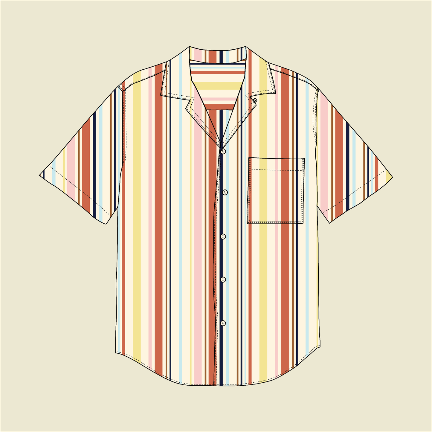 Mens Camp Collar Shirt Sewing Kit including Sewing Pattern, Fabric Cotton Poplin in Cool Retro Barcode Stripe and Video Tutorials Sizes Youth to 7XL