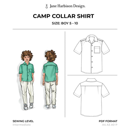 Sewing Pattern Camp Collar Shirt Size Boy 5-10: Perfect DIY Gift for young active boys