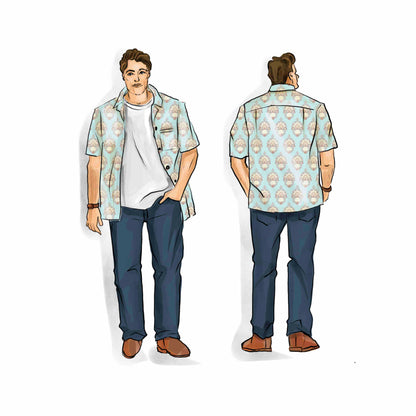 Men's Camp Collar Shirt Sewing Pattern Kit in Damask Blue Size Boy to Men Plus, Perfect BBQ, Beach or Party shirt