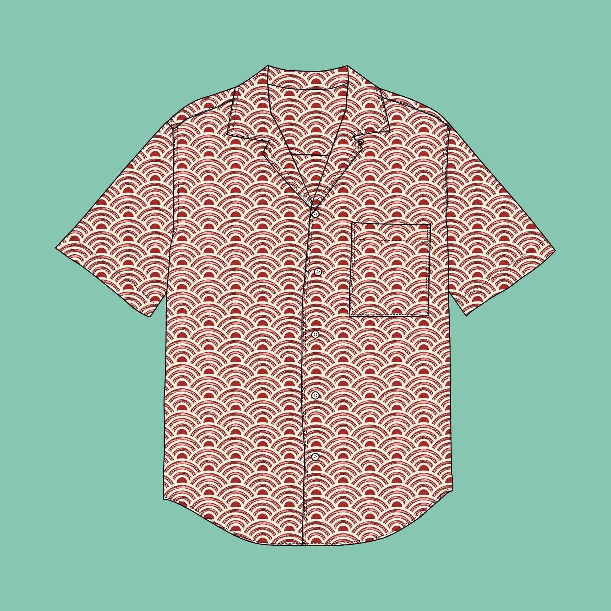 DIY Personalised Gift For Men: Camp Collar Shirt made in Cotton Poplin Fabric in Japanese Seigaiha Retro Red design