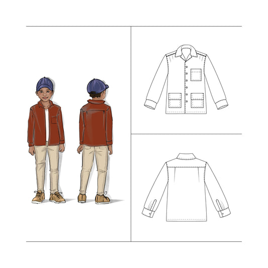 Sewing pattern Boy Camp Collar long sleeve shirt, over shirt or jacket. With straight hem, cuffs and large patch pockets size 5-10
