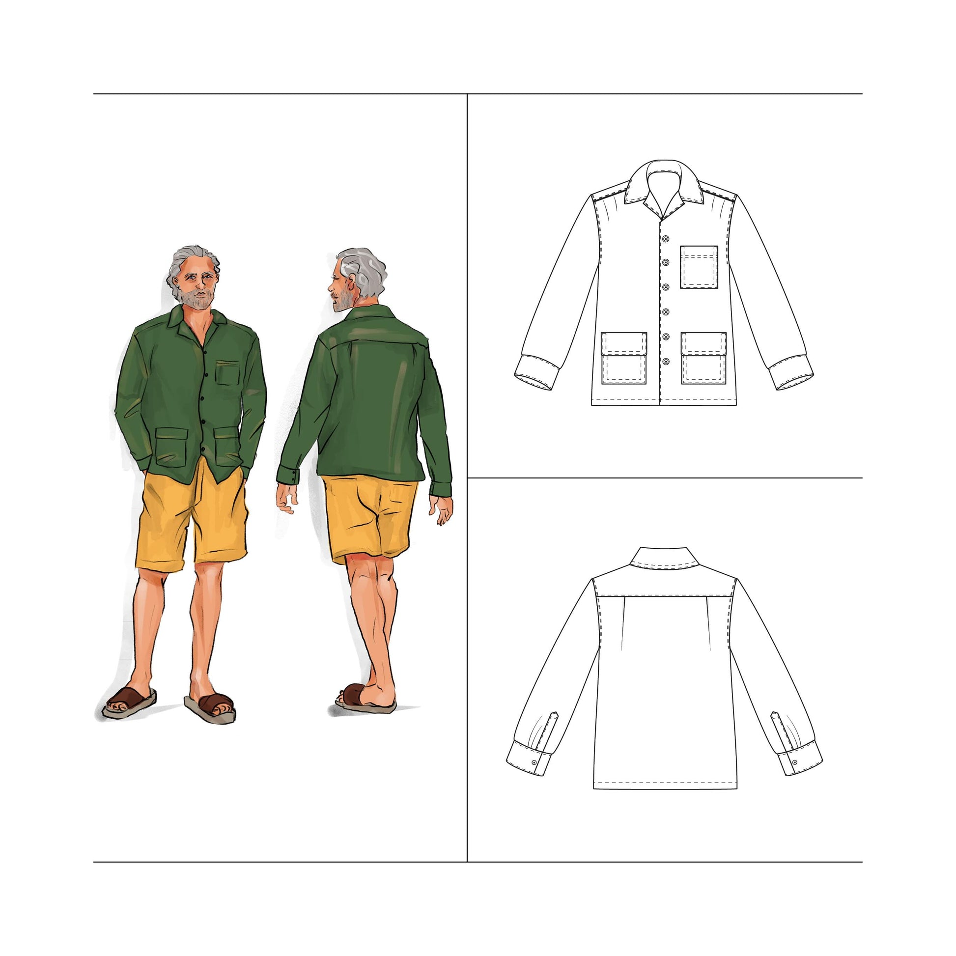 Sewing pattern Men Long sleeve Camp Collar shirt with patch pockets and cuffs PDF