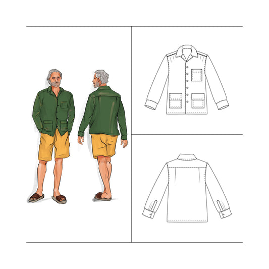 Sewing pattern Men Long sleeve Camp Collar shirt with patch pockets and cuffs PDF