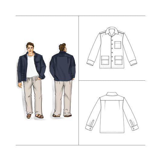 Sewing Pattern Men Plus Long Sleeve Camp Collar shirt with straight hem, large patch pockets and single button cuffs with placket Sizes 3XL-7XL for big and tall