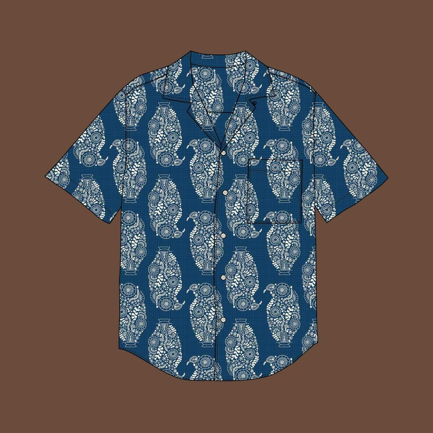 Camp Collar Shirt Paisley Floral Vase Blue