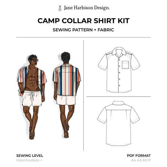 Men Camp Collar Shirt Sewing Kit including Sewing Pattern, Fabric Cotton Poplin in Cool Retro Barcode Stripe and Video Tutorials Sizes Youth to 7XL