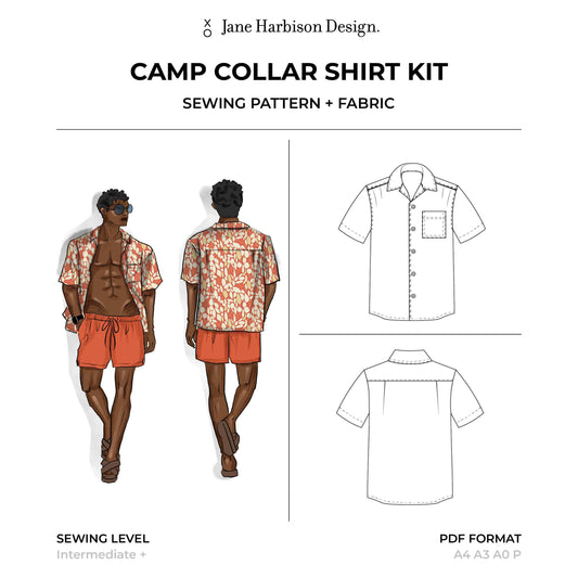 Men's Hawaiian shirt sewing pattern and fabric kit - PDF sewing pattern and cotton poplin fabric and how to sew tutorials - Size Boy 5 to Men Plus 7XL