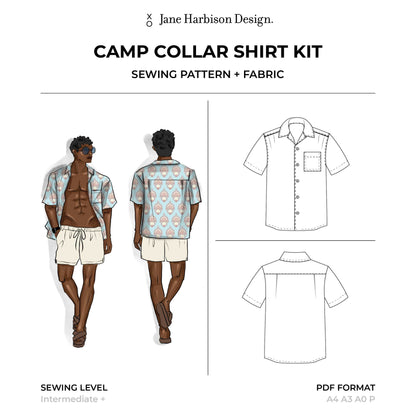 Men's Camp Collar Shirt Sewing Pattern Kit in Damask Blue Size Boy to Men Plus, Perfect BBQ, Beach or Party shirt