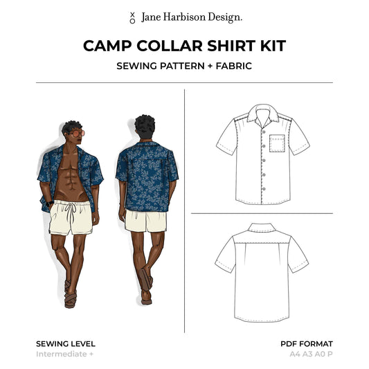 Men's Camp Collar Shirt Sewing Kit - Downloadable Pattern, Step by step Video Tutorials,  100% Cotton Fabric in a unique Ditsy Floral Blue design