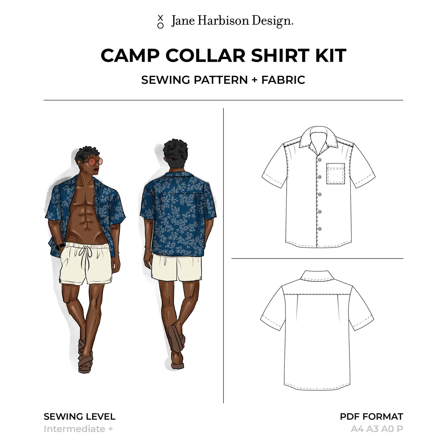 Men's Camp Collar Shirt Sewing Kit - Downloadable Pattern, Step by step Video Tutorials,  100% Cotton Fabric in a unique Ditsy Floral Blue design