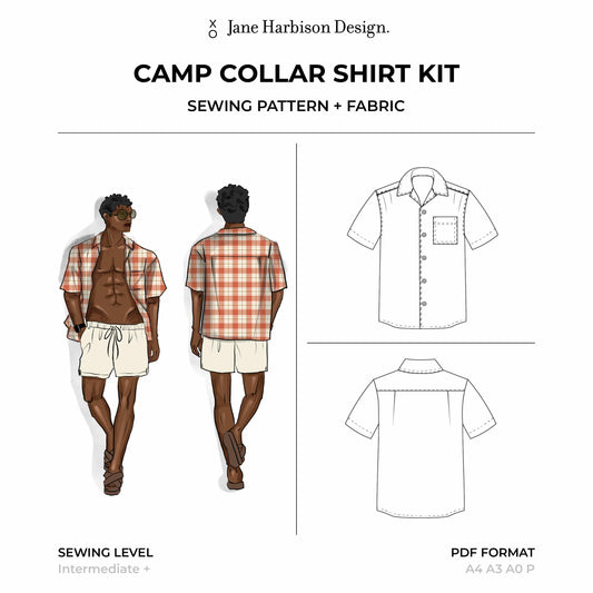 DIY Personalised Gift For Men: Camp Collar Shirt Sewing Pattern Kit includes PDF Pattern, Video tutorials and Cotton Poplin Fabric in Plaid Orange Pink