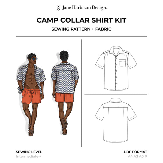 Men's Shirt Sewing Pattern Kit includes Camp Collar Shit PDF sewing pattern, video tutorials and fabric to make the shirt Size Youth 10 - Men Plus 7XL