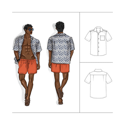 Men's Shirt Sewing Pattern Kit includes Camp Collar Shit PDF sewing pattern, video tutorials and fabric to make the shirt Size Youth 10 - Men Plus 7XL