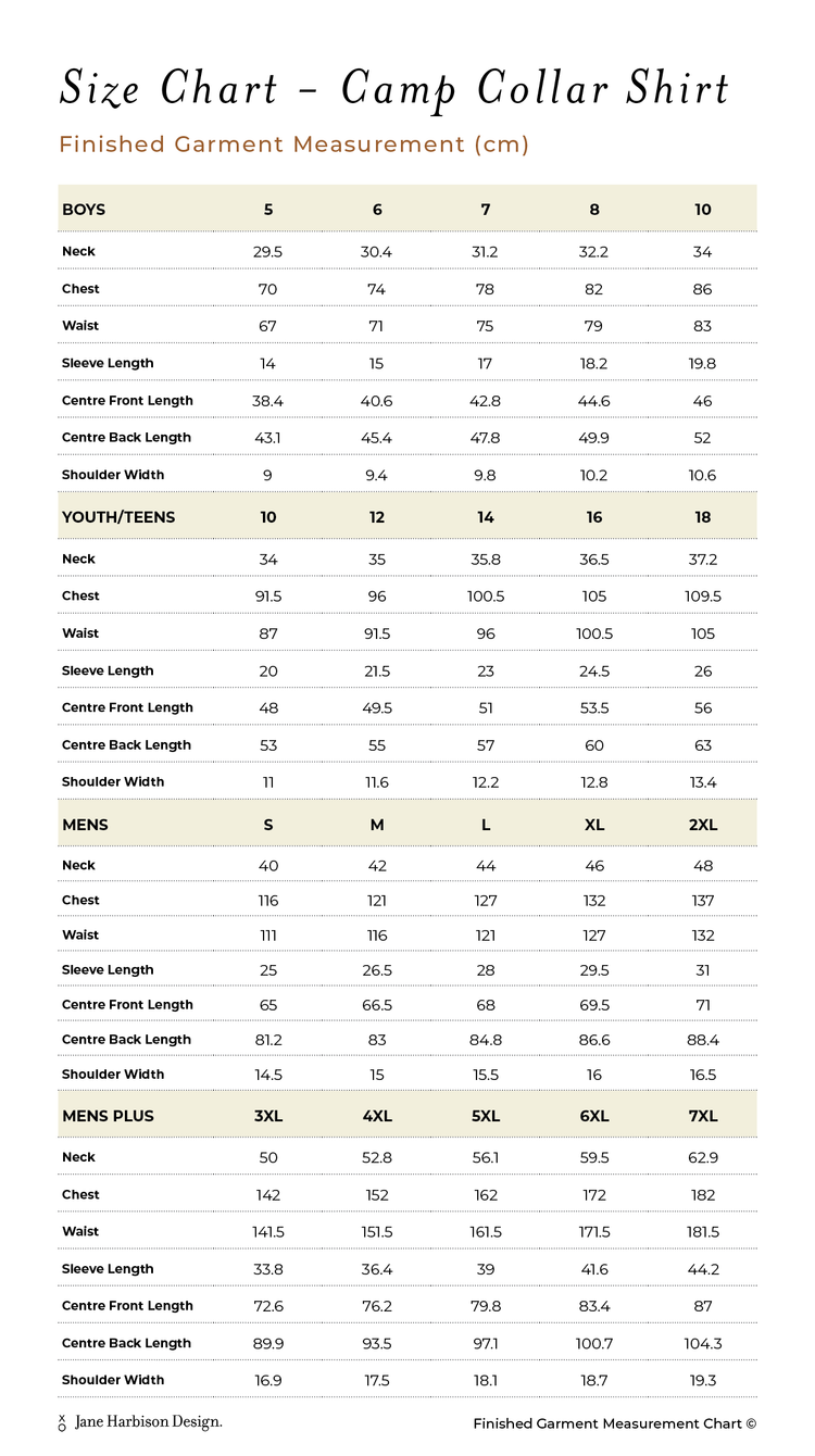 Finished Garment Measurements – Jane Harbison Design