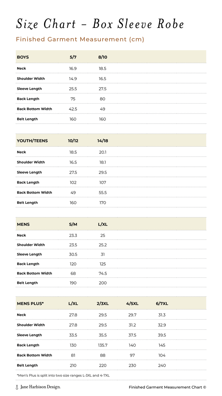 Finished Garment Measurements – Jane Harbison Design