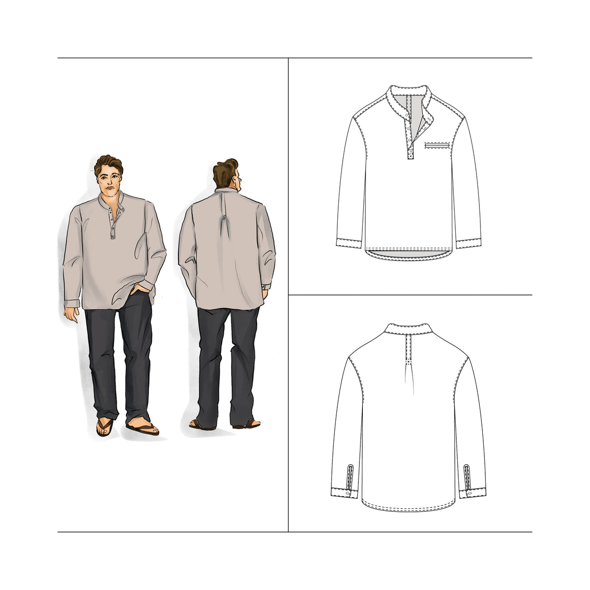 Men Plus Grandpa collar shirt sewing pattern PDF Size 3XL - 7XL Relaxed fit