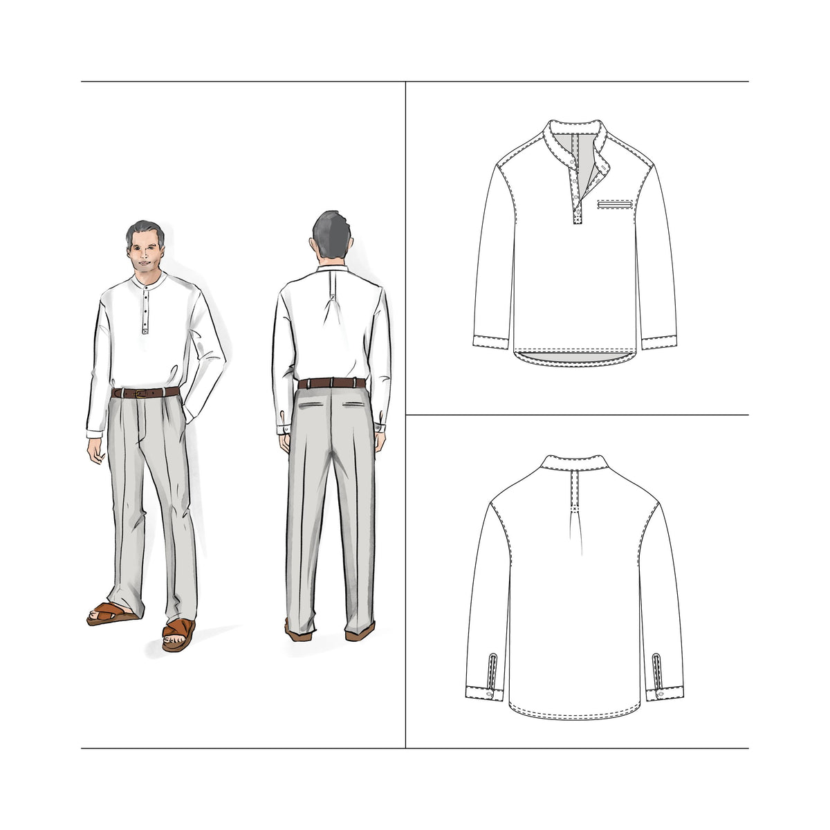 Men's Grandpa collar shirt sewing pattern PDF Size S - 2XL Relaxed fit