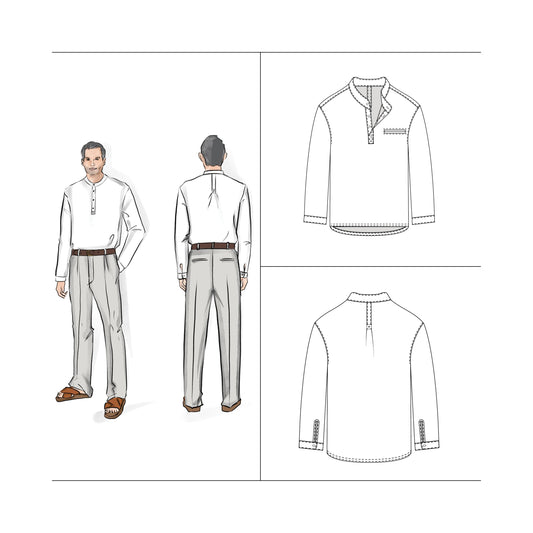 Men's Grandpa collar shirt sewing pattern PDF Size S - 2XL Relaxed fit