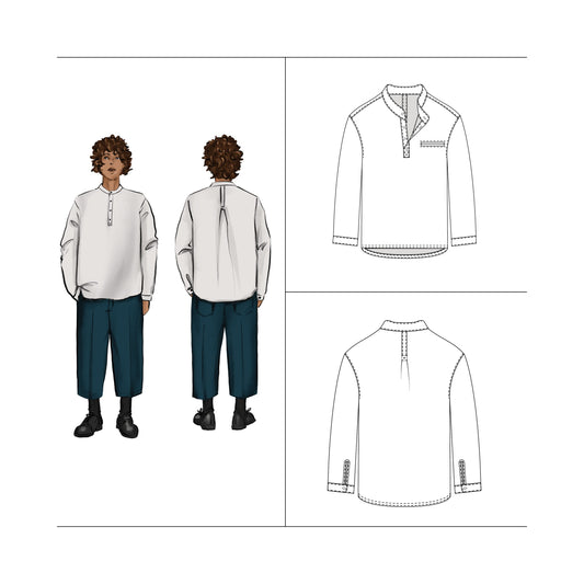 Teen boy Grandpa collar shirt sewing pattern PDF Size 10 - 18 Rel