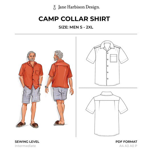 Men's Camp Collar Shirt Sewing Pattern Size S-2XL Make A Perfect DIY Gift for him
