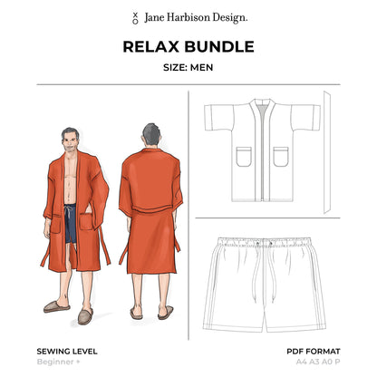 Men's Sewing Pattern Bundle perfect for Relaxing, includes Dressing Gown and Boxer Shorts Size Men Medium