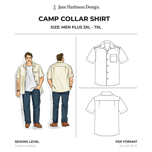 Mens Plus Camp Collar Shirt Sewing Pattern (Cuban Shirt) Size 3XL - 7XL Downloadable