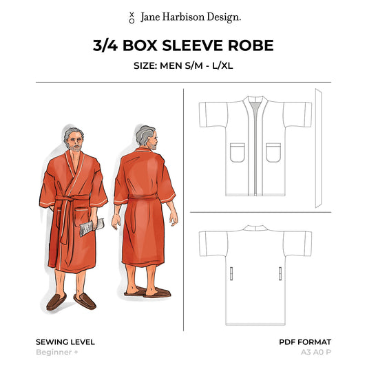 Sewing Pattern PDF: Fashionable Men Box Sleeve Dressing Gown Robe, Size Men S - XL